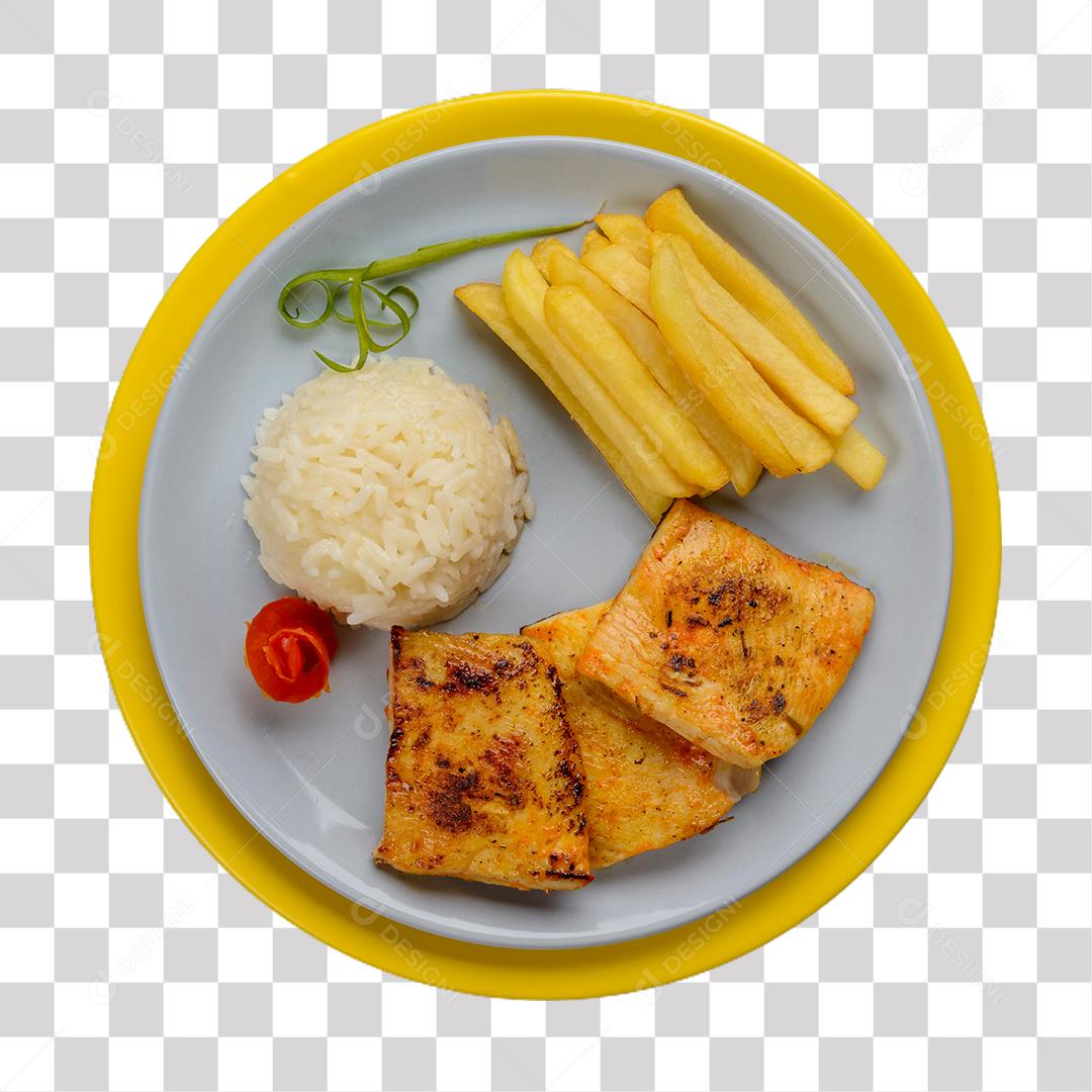 Peito de frango frito com arroz branco e batata frita PNG Transparente