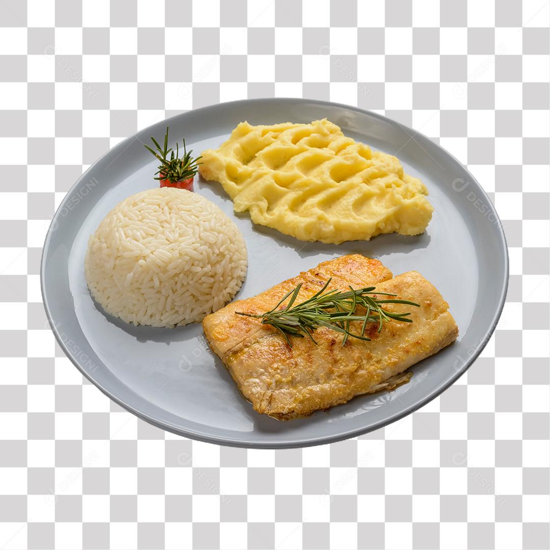 Peixe. filé de tilápia com arroz branco e purê de batata PNG Transparente