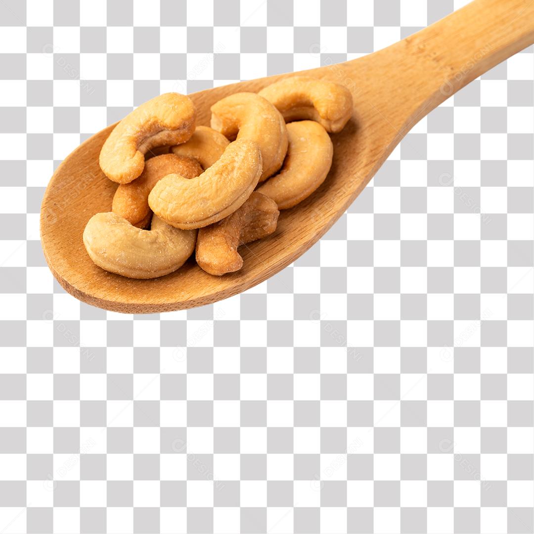 Castanha de caju em uma colher de pau PNG Transparente