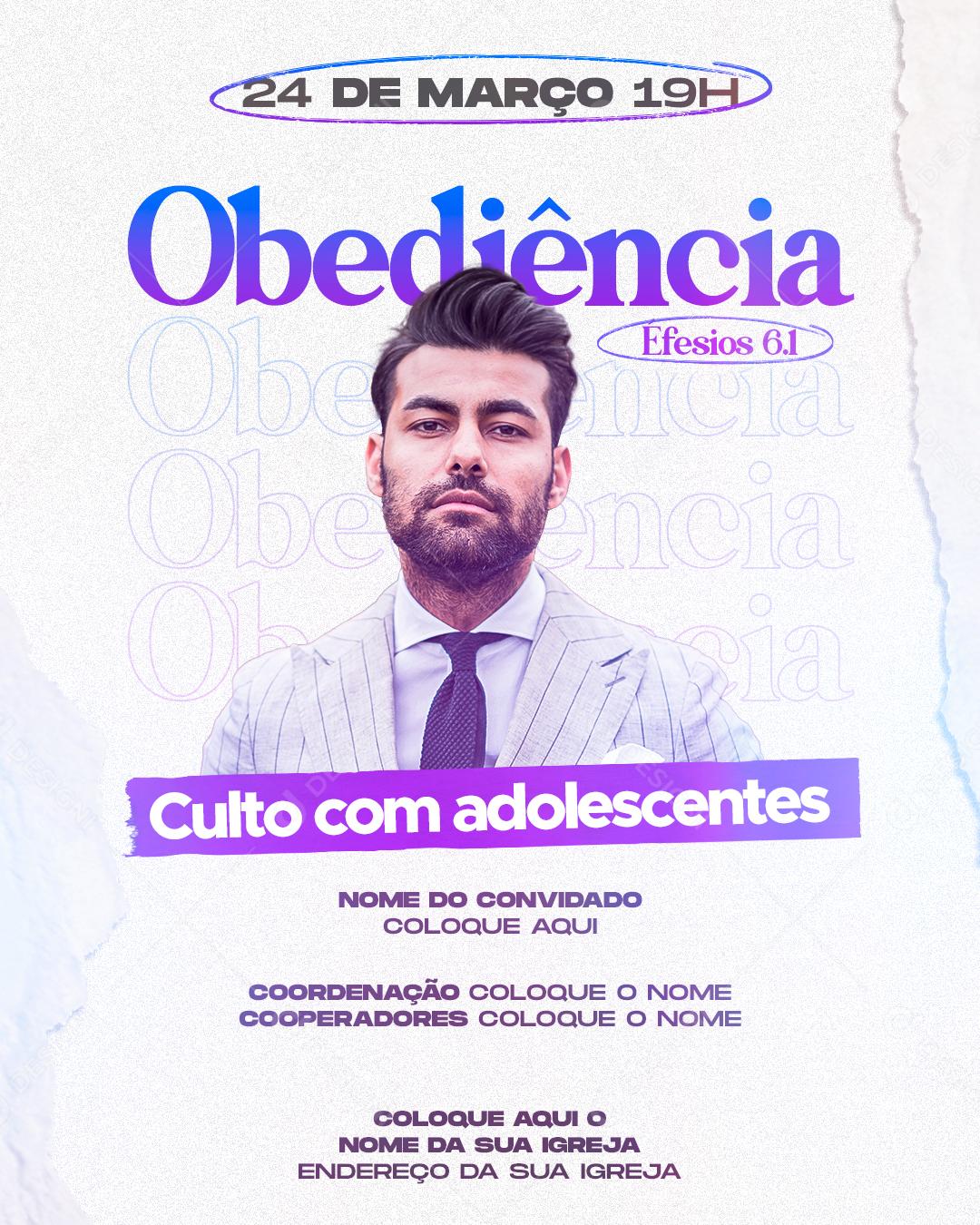 Social Media Obediência Éfesios 6.1 Culto Com Adolescentes Igrejas PSD Editável