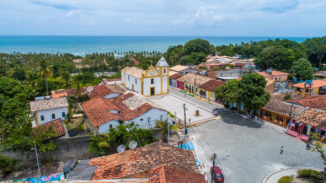 Aerial view of the Nossa Senhora da Ajuda church, in the historic center of the municipality of Arraial dAjuda, in the south of Bahia.