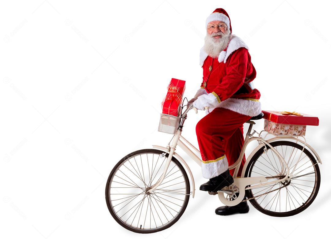 Papai Noel de bicicleta entregando presentes de Natal.