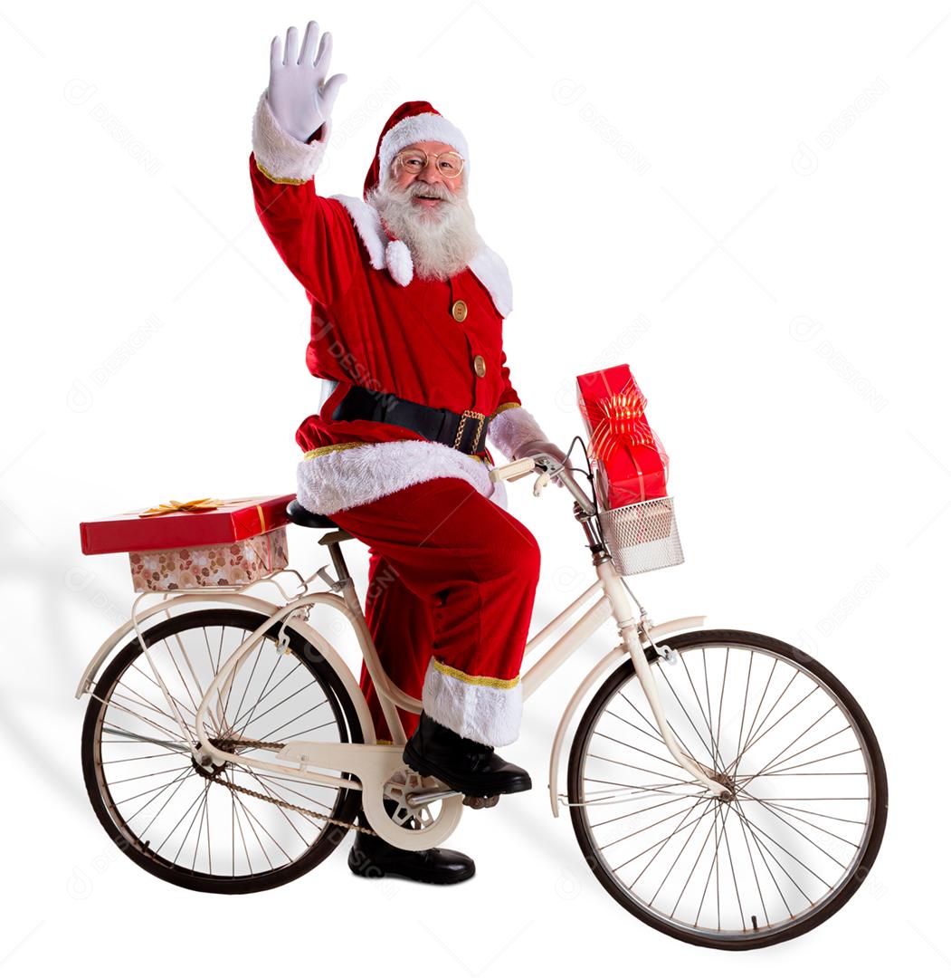 Papai Noel de bicicleta entregando presentes de Natal.