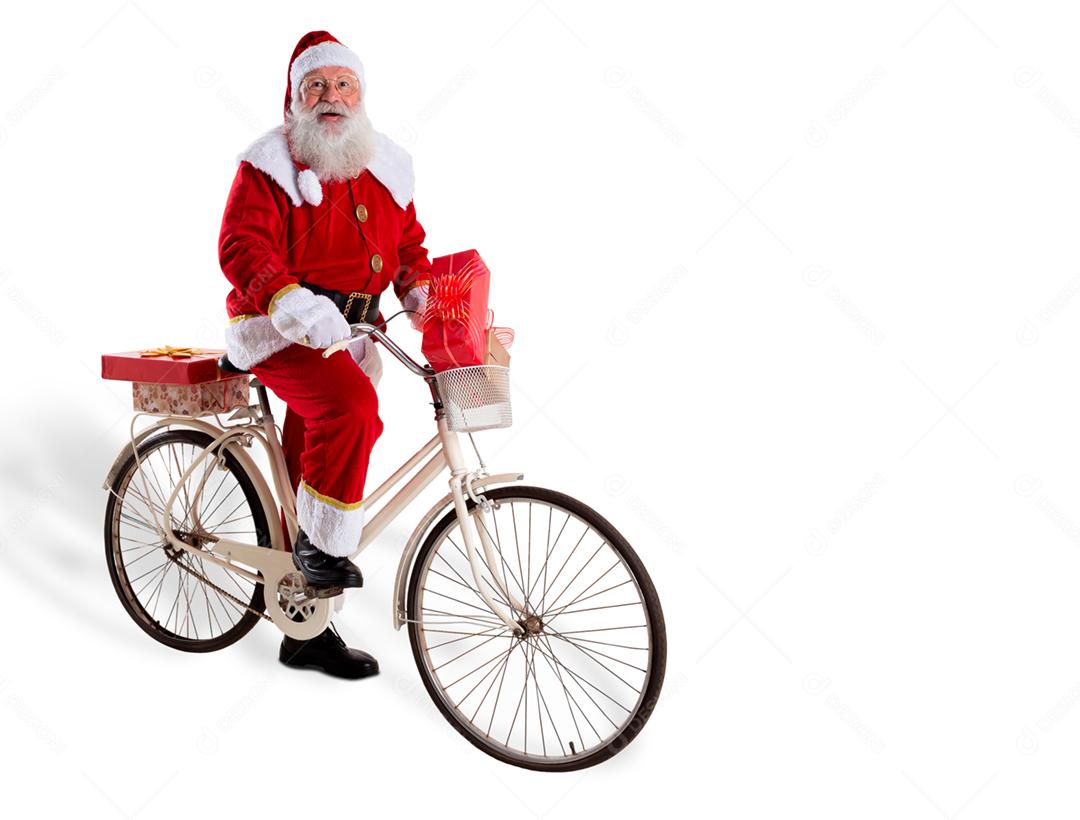 Papai Noel de bicicleta entregando presentes de Natal.