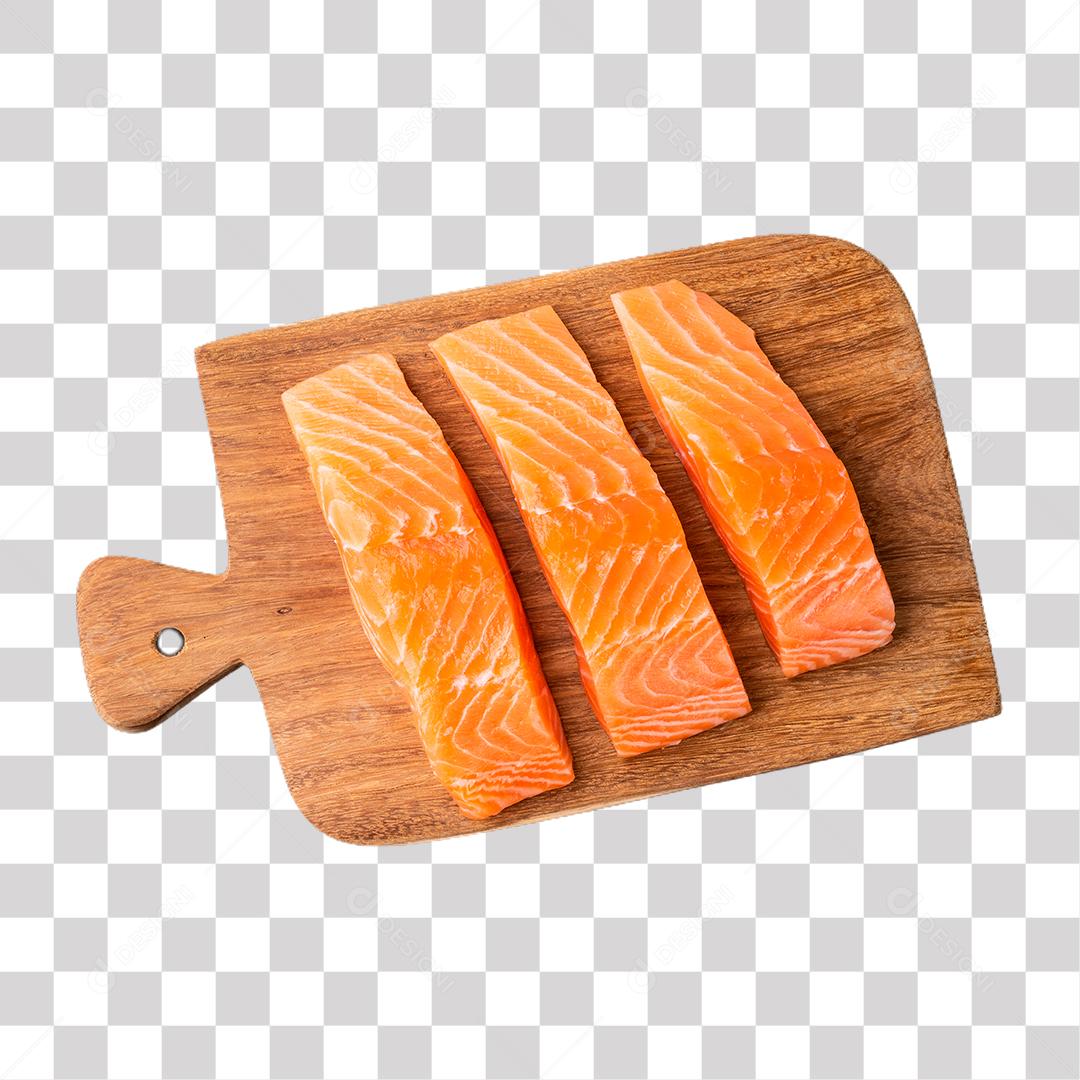 Fatias de salmão cru com na placa de madeira PNG Transparente