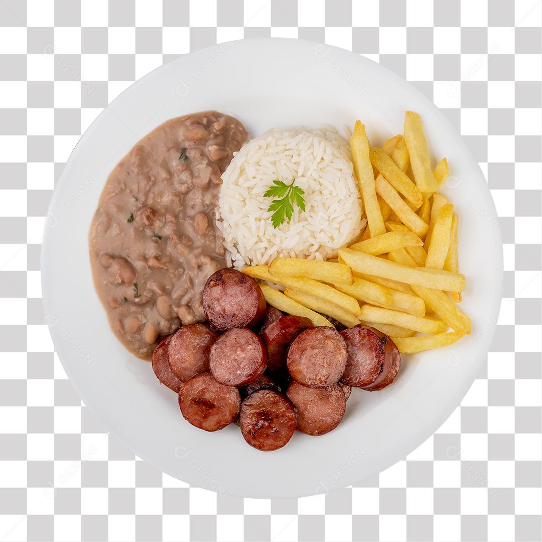 Salsicha arroz feijão e batata frita servido em prato PNG Transparente