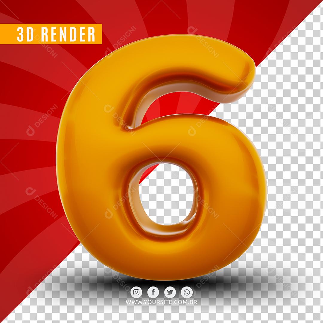 Número 6 3D Dourado Elemento Para Composição PSD