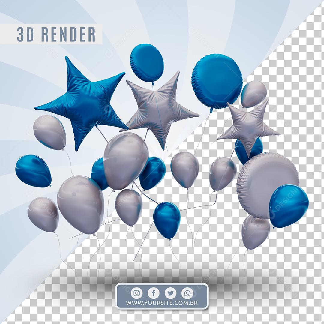 Elemento 3D Balões Azul e Branco Formatos De Estrela e Círculo  Para Composição PSD