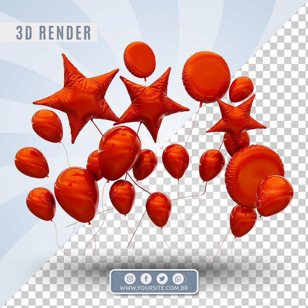 Elemento 3D Balões Vermelhos Formatos De Estrela e Círculo  Para Composição PSD