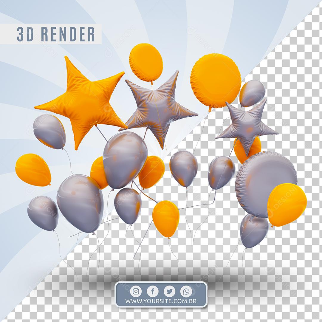 Elemento 3D Balôes Amarelo e Branco Formatos De Estrela e Círculo  Para Composição PSD