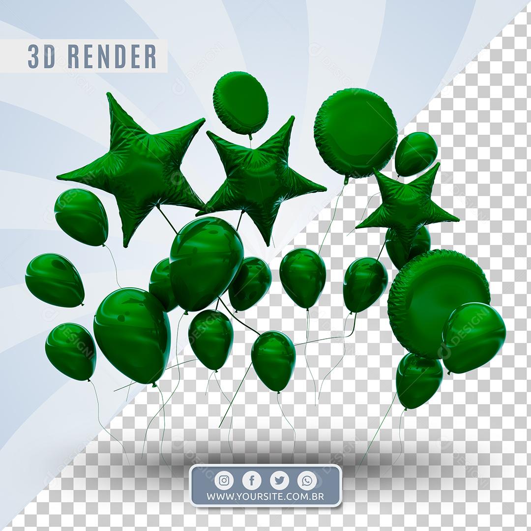 Elemento 3D Balões Verdes Formatos De Estrela e Círculo  Para Composição PSD