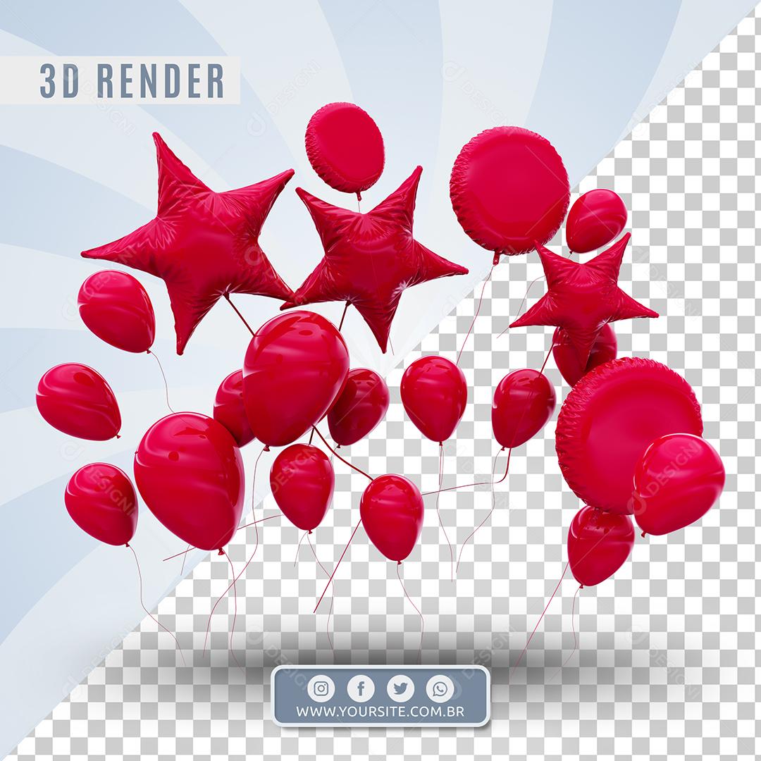 Balões Rosa Formatos De Estrela e Círculo Elemento 3D Para Composição PSD