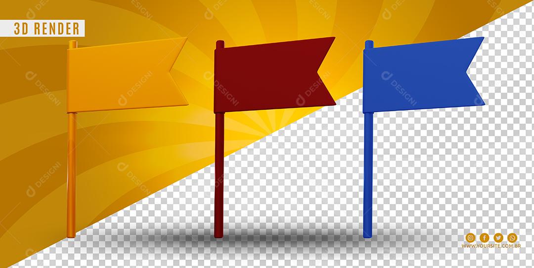 Elemento 3D Bandeiras Amarela Vermelho e Azul Para Composição PSD