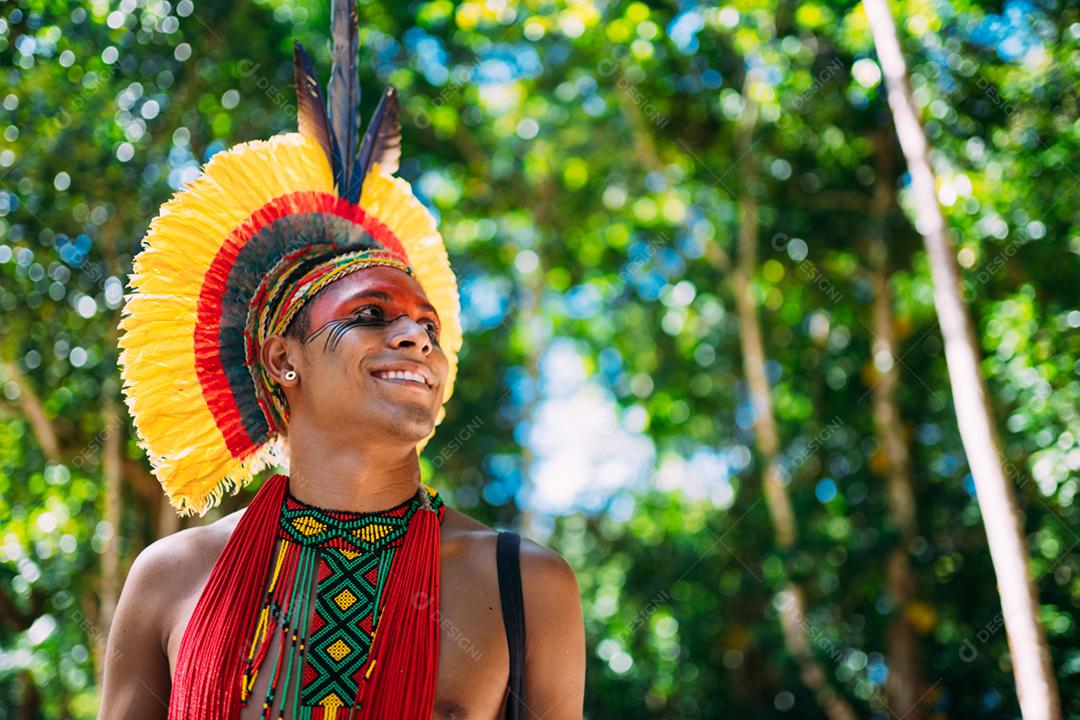 Índio da tribo Pataxó com cocar de penas olhando para a direita. Indígenas do Brasil com pinturas faciais tradicionais.