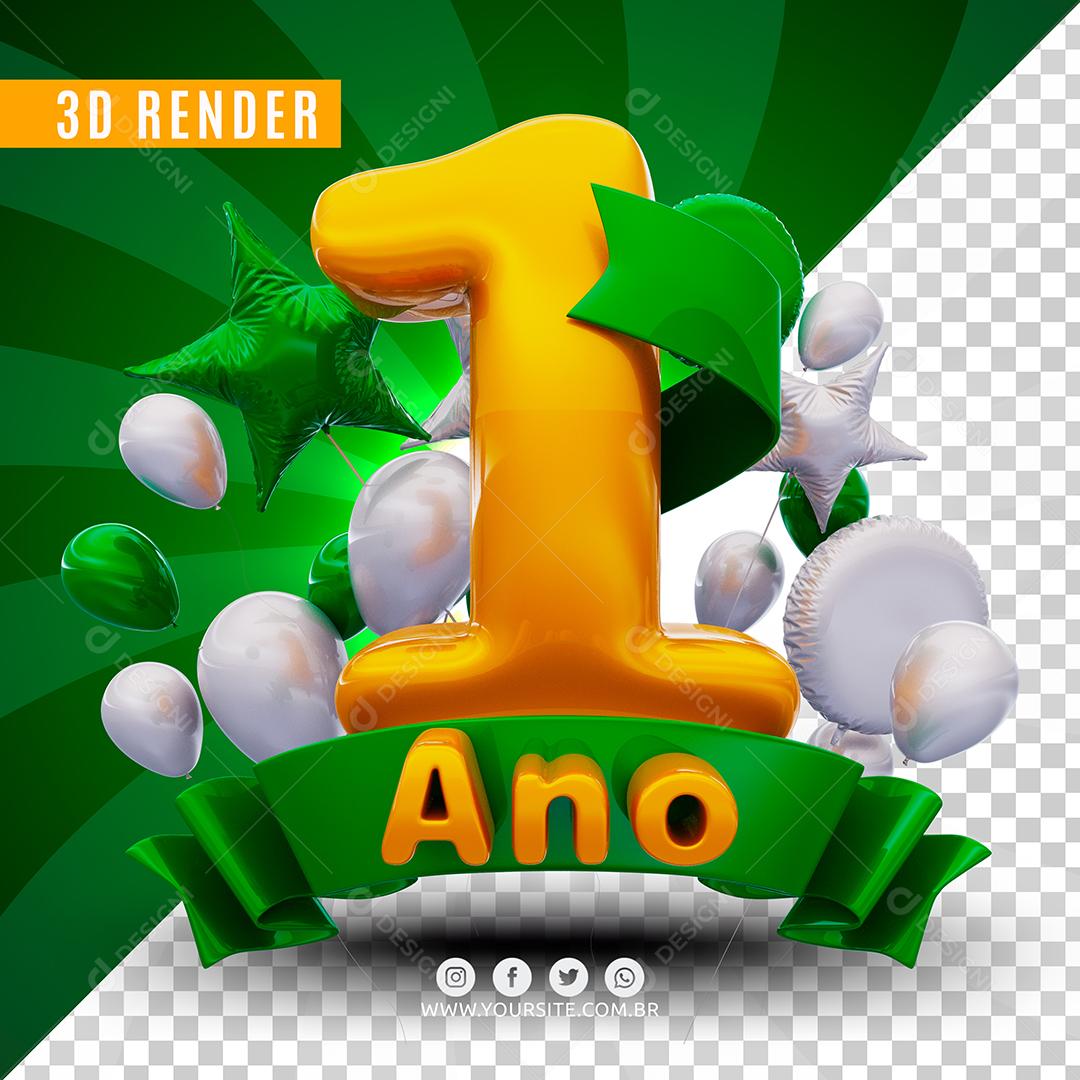 Número 1 Ano De Aniversário Verde Selo 3D Para Composição PSD