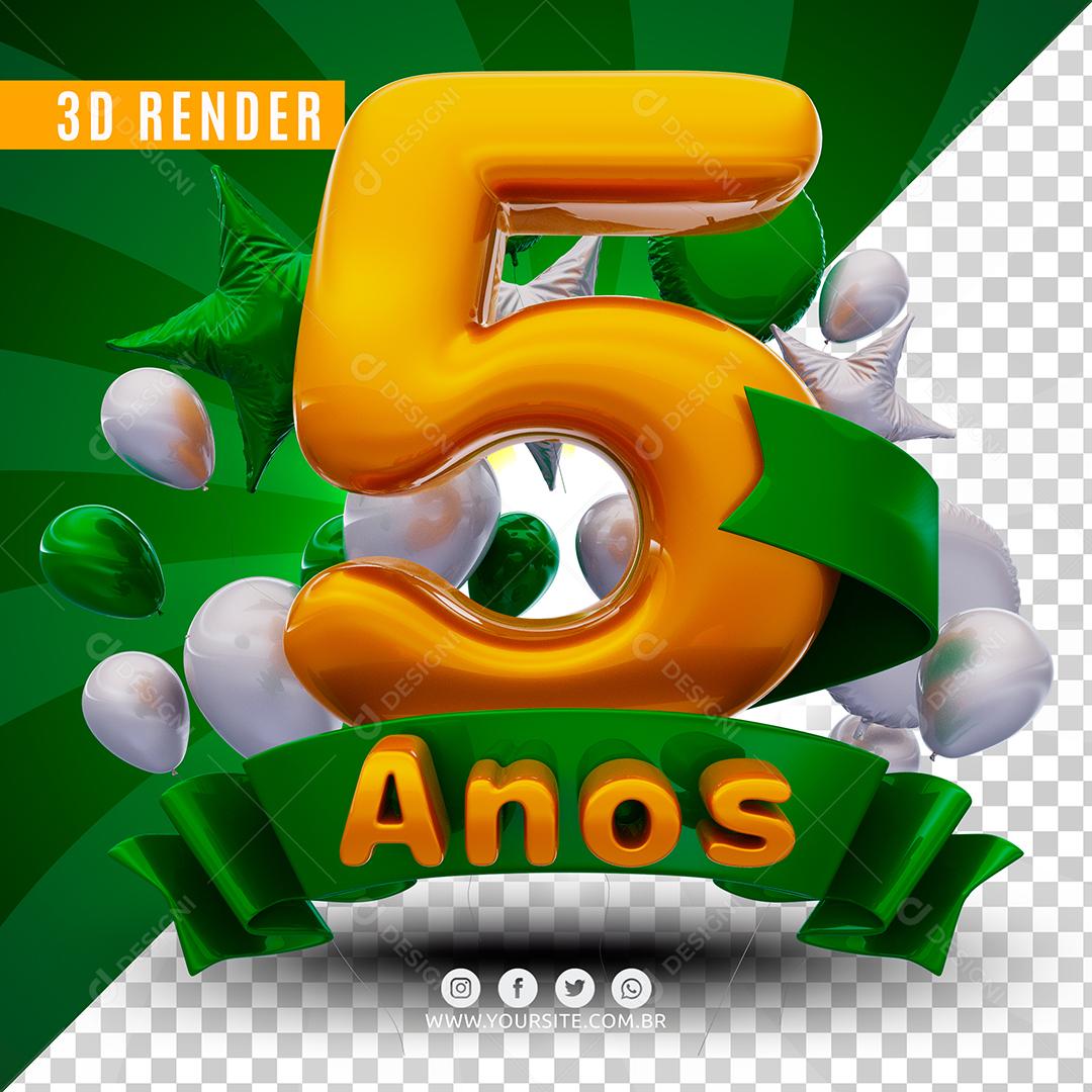 Número 5 Anos De Aniversário Verde Selo 3D Para Composição PSD