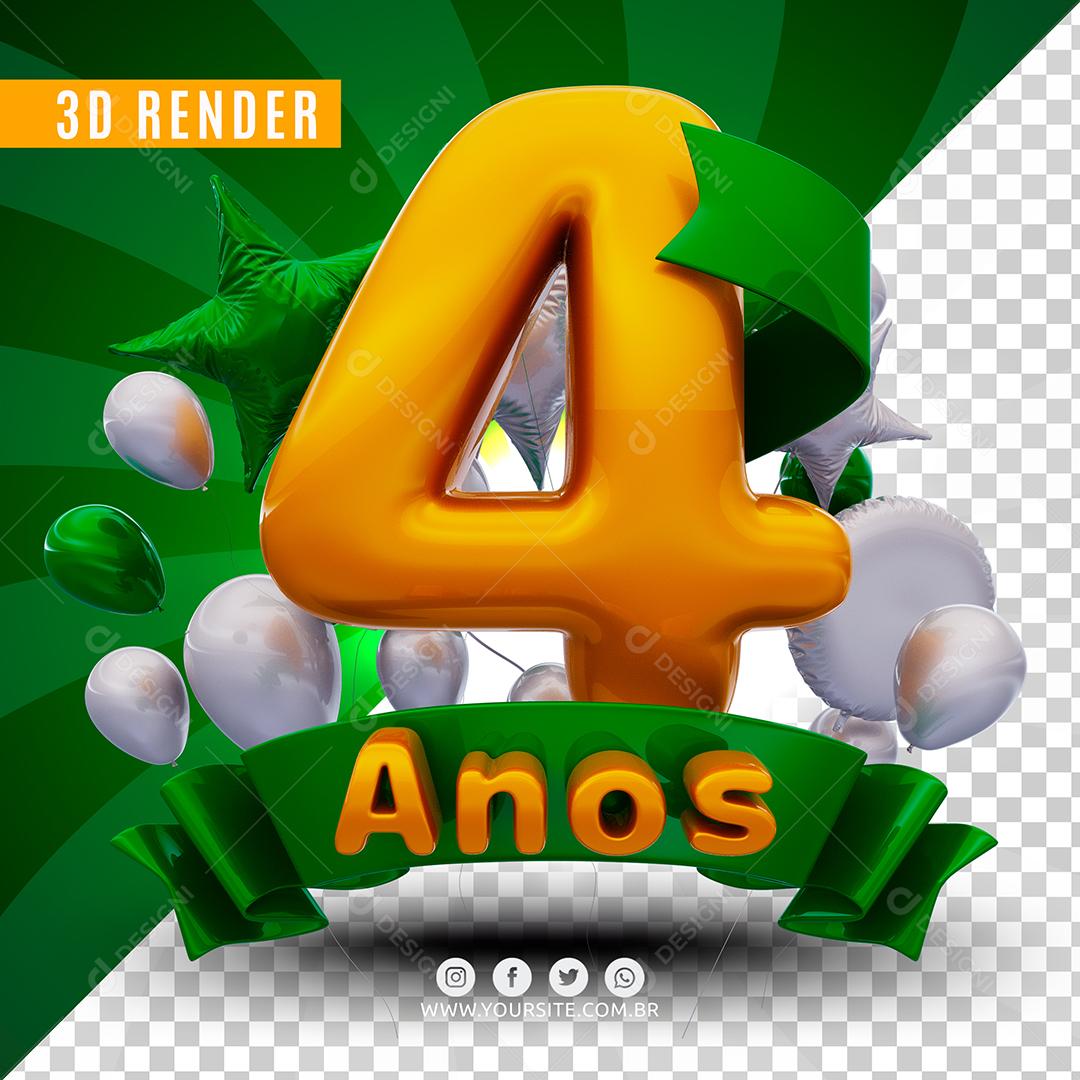 Número 4 Anos De Aniversário Verde Selo 3D Para Composição PSD