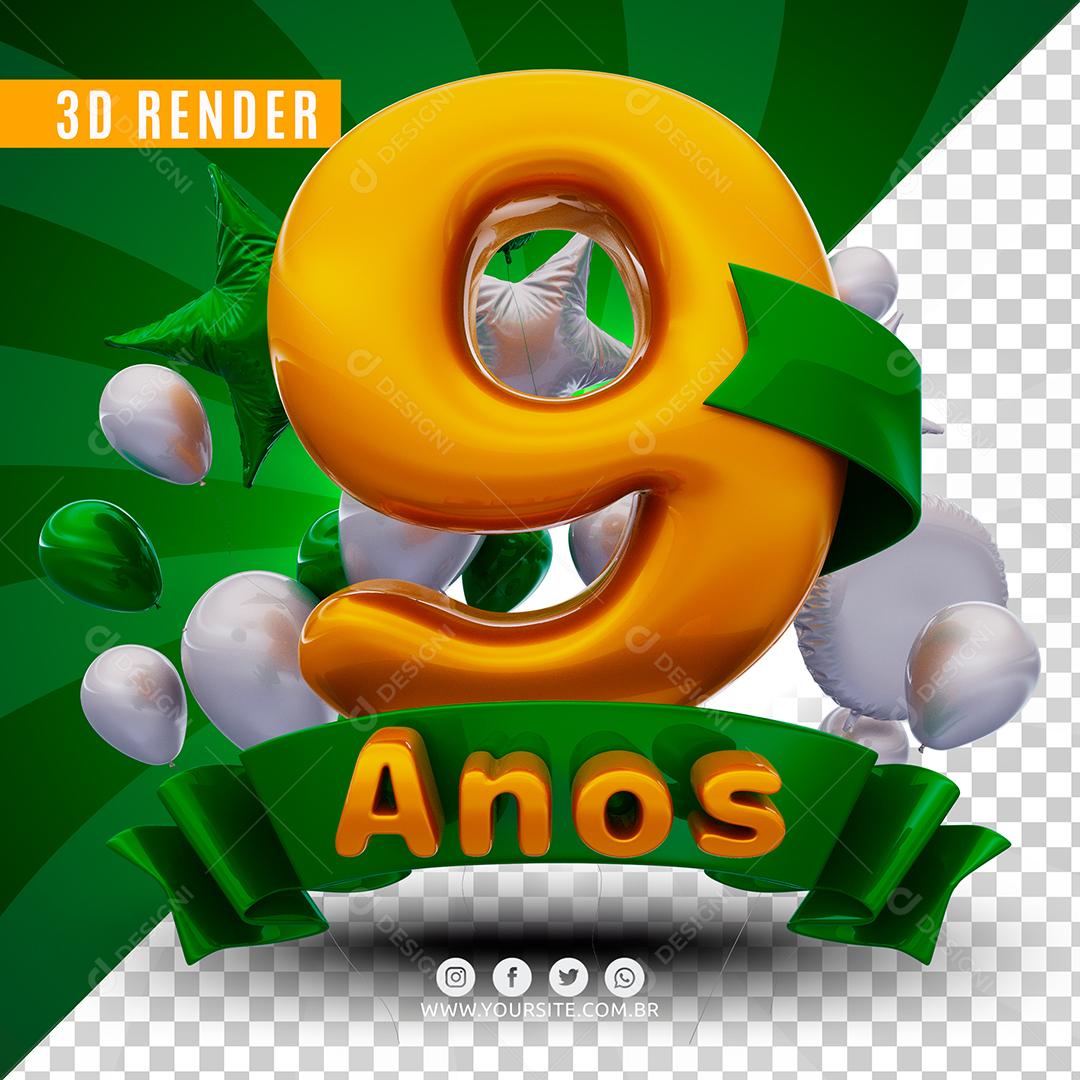 Número 9 Anos De Aniversário Verde Selo 3D Para Composição PSD