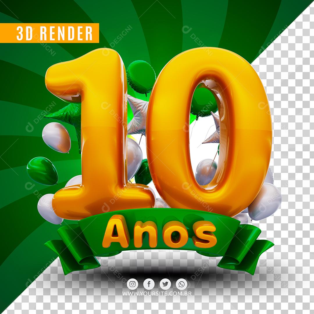 Número 10 Anos De Aniversário Verde Selo 3D Para Composição PSD