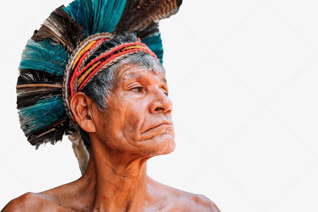 Índio da tribo Pataxó, com cocar de penas. Índio brasileiro idoso olhando para a direita. foco no rosto