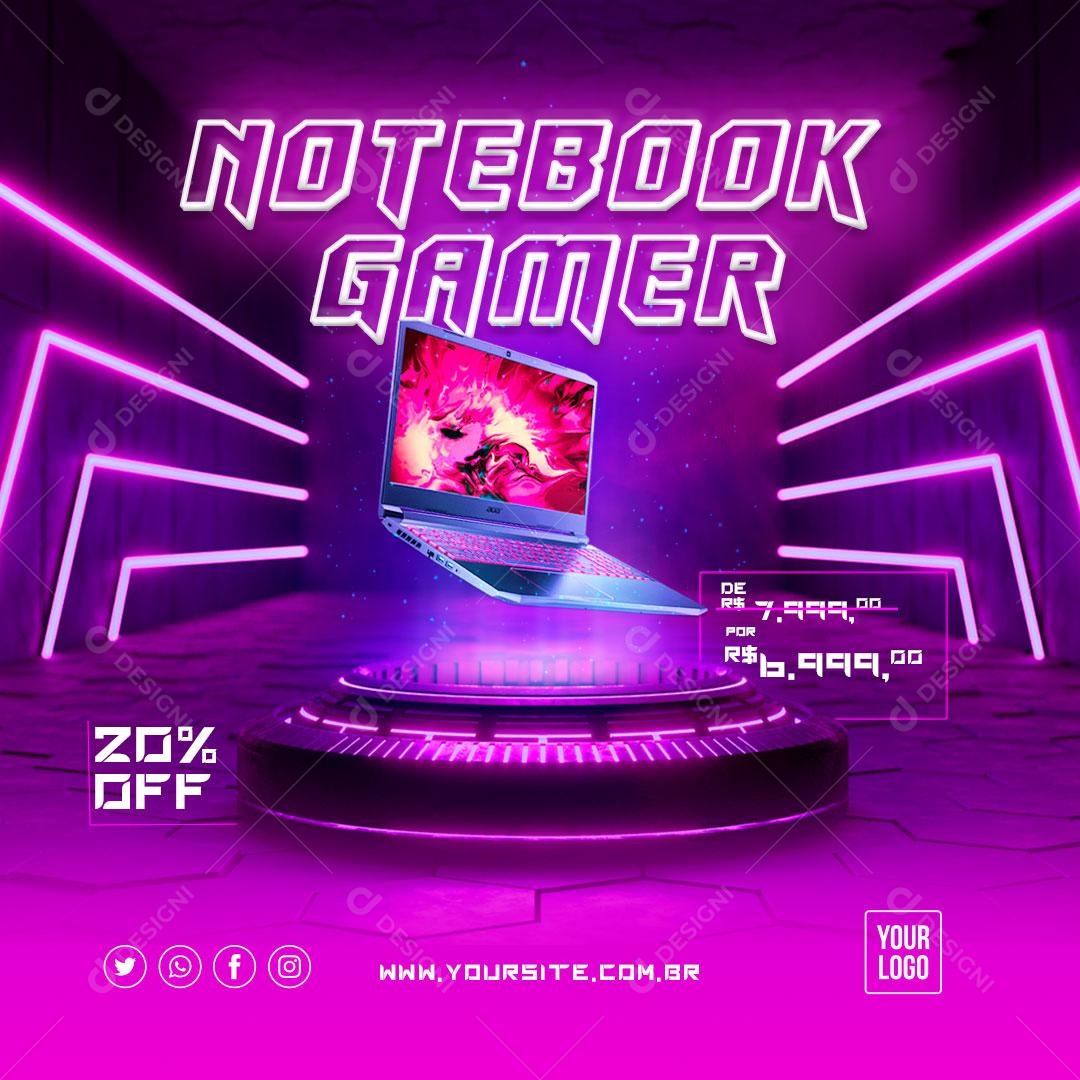 Notebook Gamer 20% Off Social Media PSD Editável