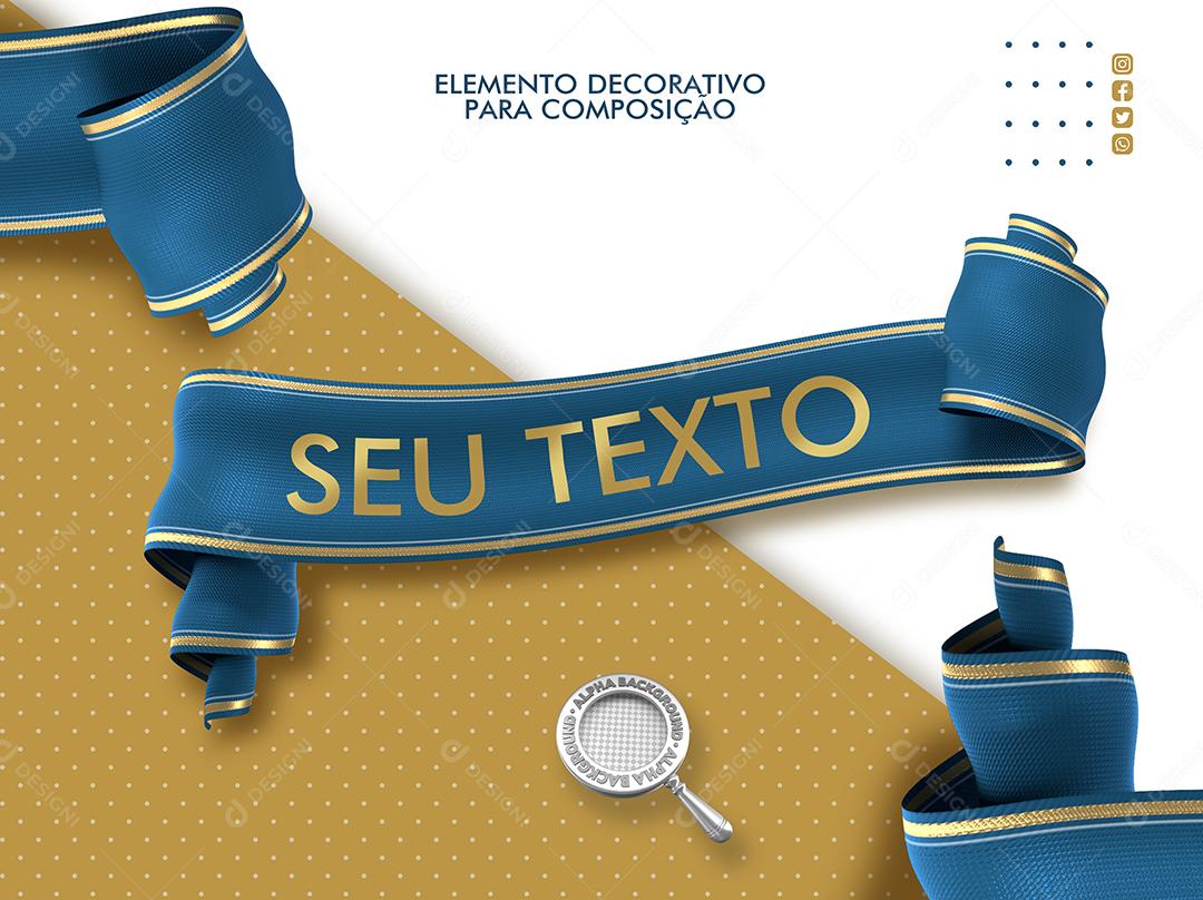 Fita 3D Azul Com Bordas Dourada Para Composição de Textos PSD