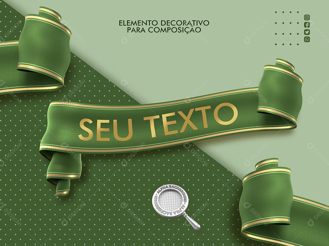 Fita 3D Verde Com Bordas Dourada Para Composição de Textos PSD