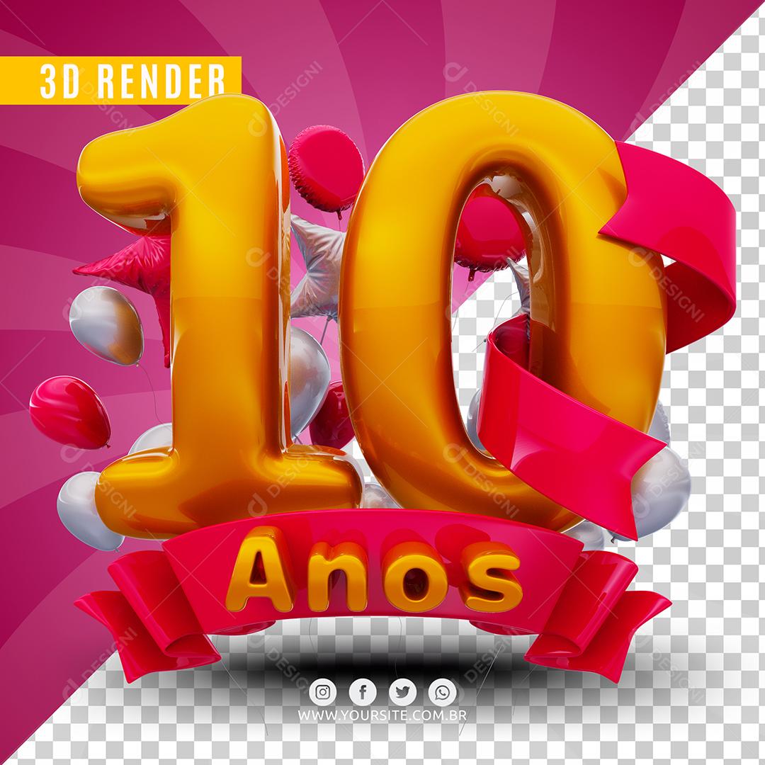 Número 10 Anos De Aniversário Rosa Selo 3D Para Composição PSD