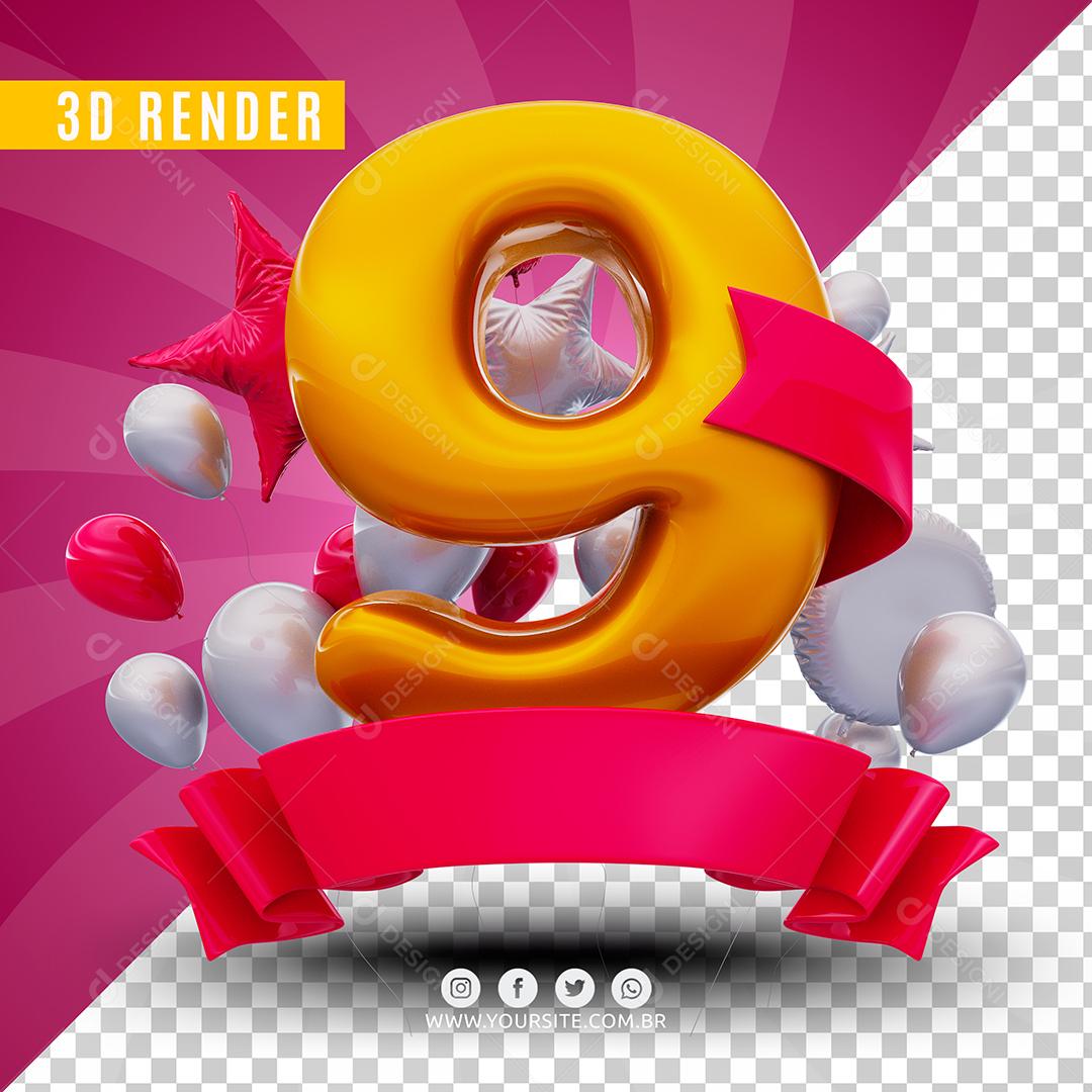 Número 9 Anos De Aniversário Rosa Selo 3D Para Composição PSD