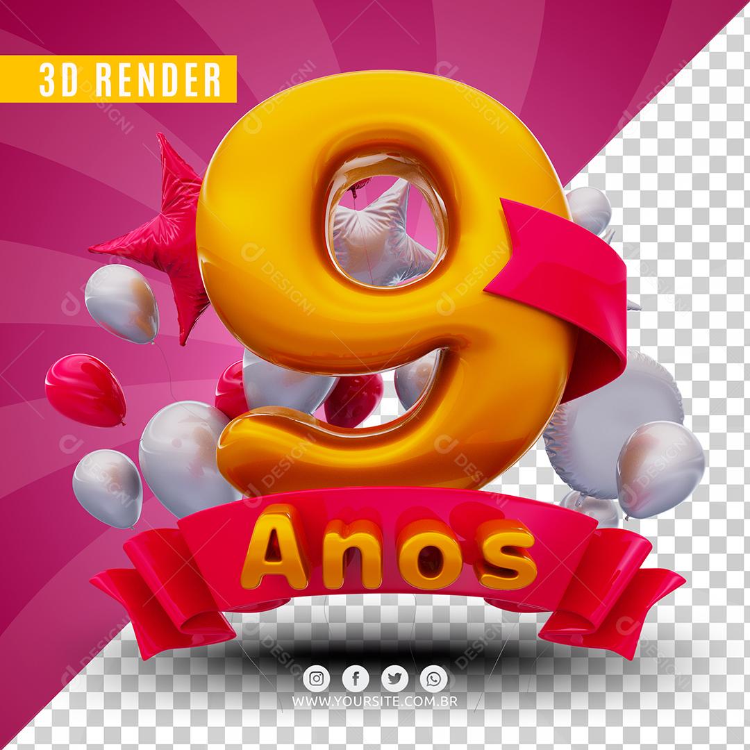 Número 9 Anos De Aniversário Rosa Selo 3D Para Composição PSD
