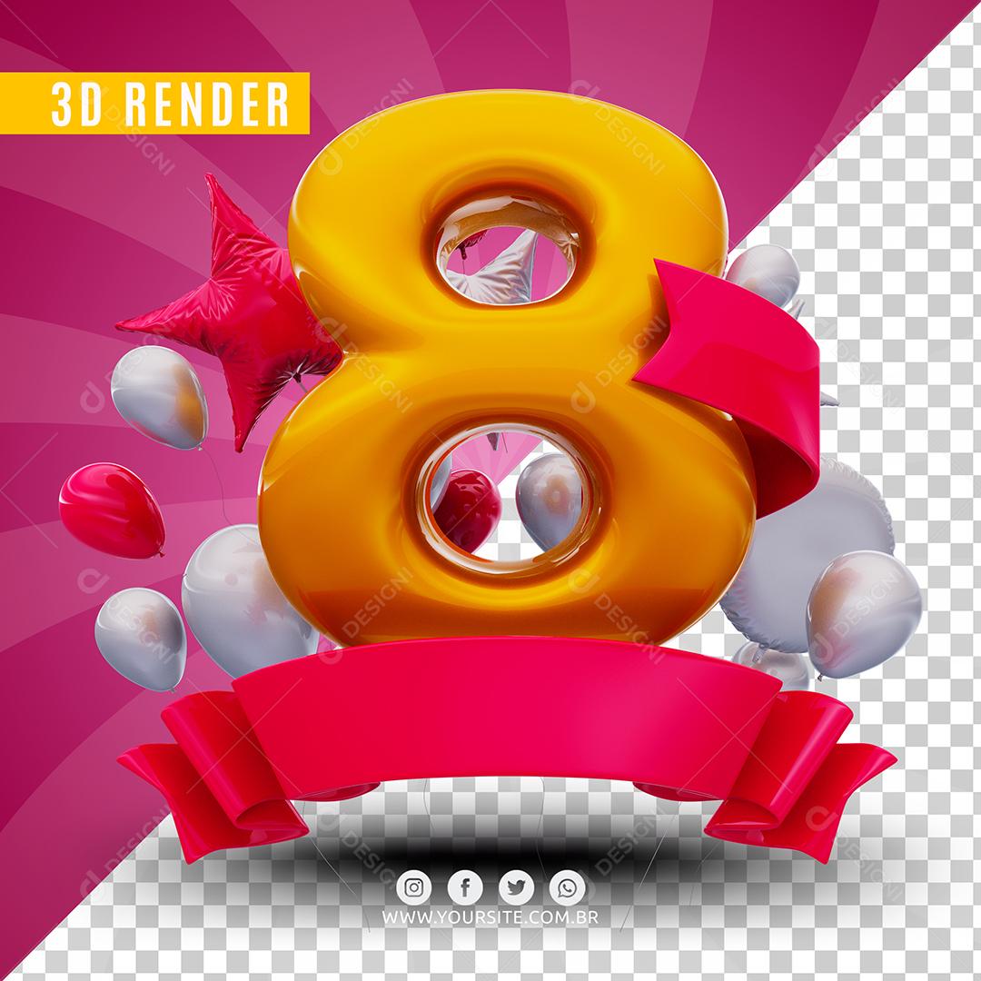 Número 8 Anos De Aniversário Rosa Selo 3D Para Composição PSD