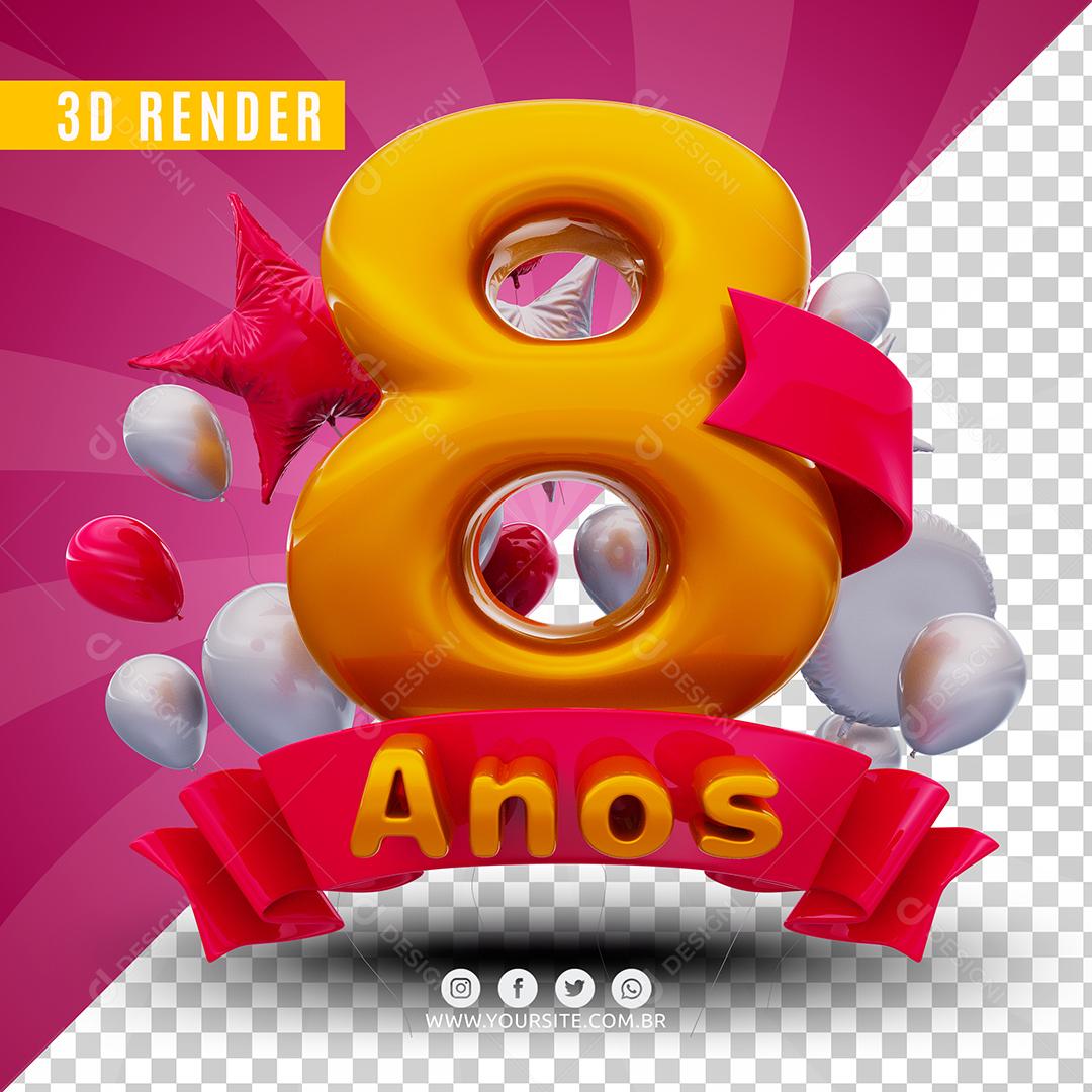 Número 8 Anos De Aniversário Rosa Selo 3D Para Composição PSD