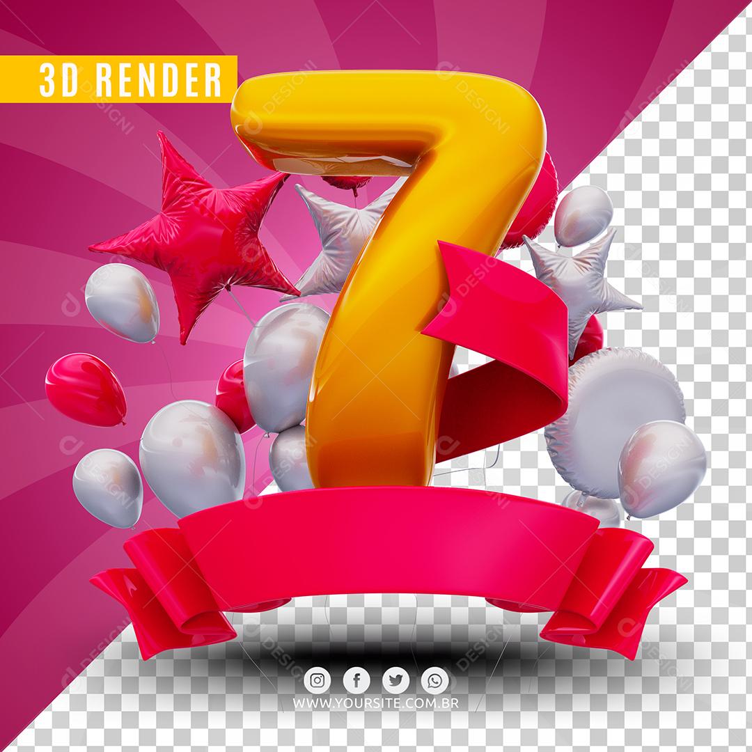 Número 7 De Aniversário Rosa Selo 3D Para Composição PSD