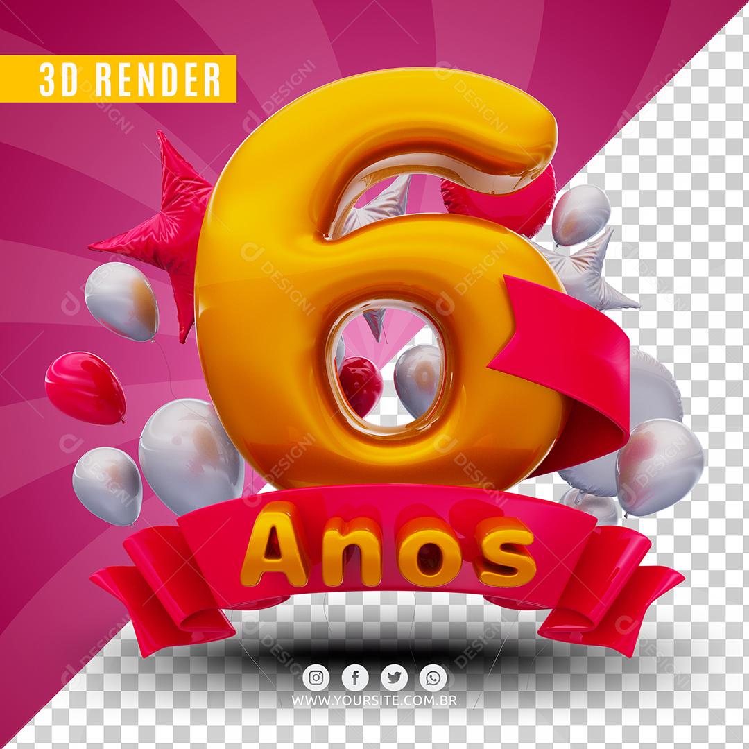 Número 6 Anos De Aniversário Rosa Selo 3D Para Composição PSD