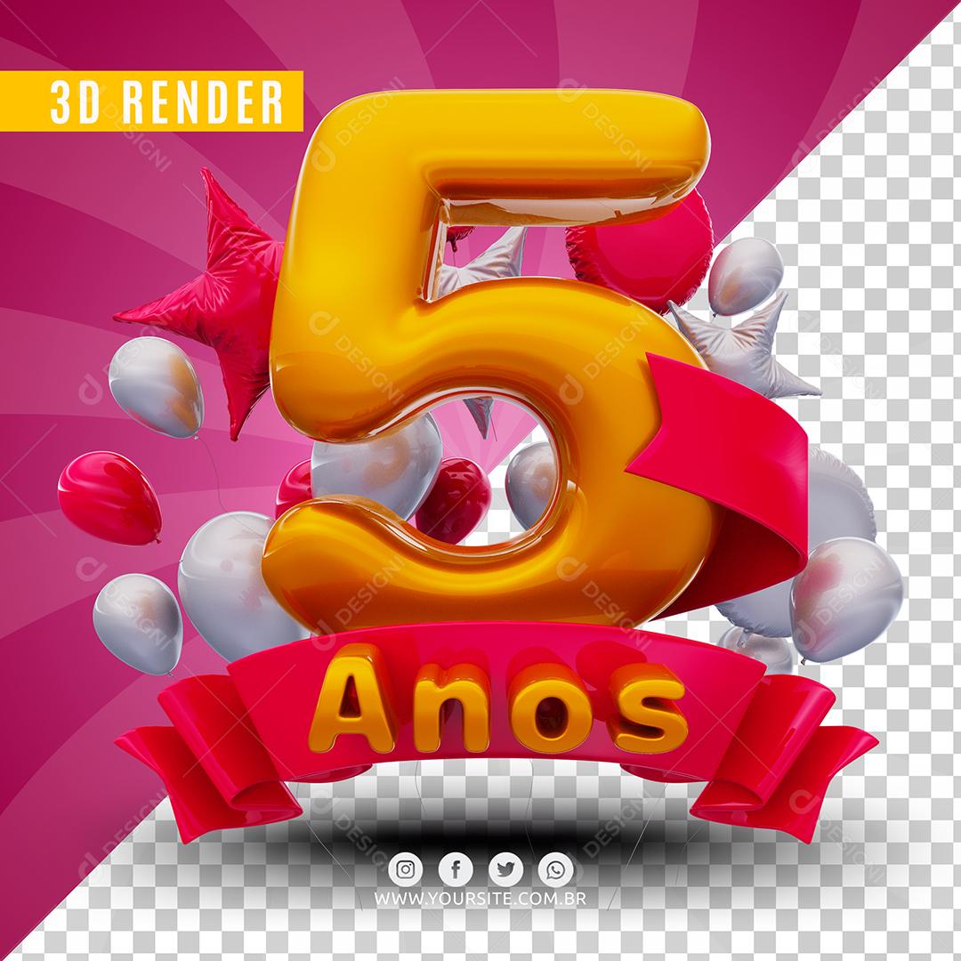 Número 5 Anos De Aniversário Rosa Selo 3D Para Composição PSD