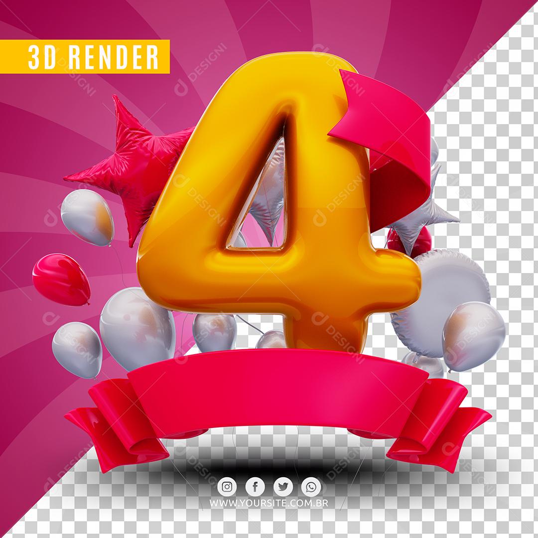 Número 4 De Aniversário Rosa Selo 3D Para Composição PSD