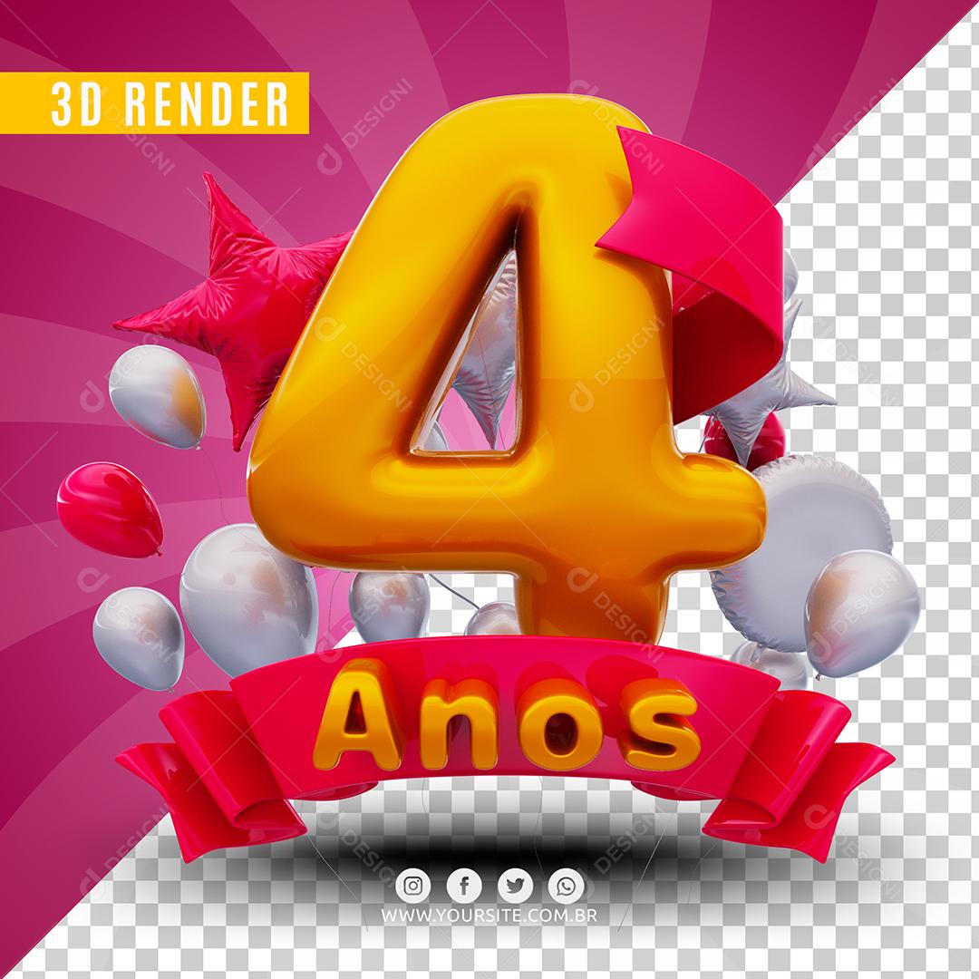 Número 4 Anos De Aniversário Rosa Selo 3D Para Composição PSD