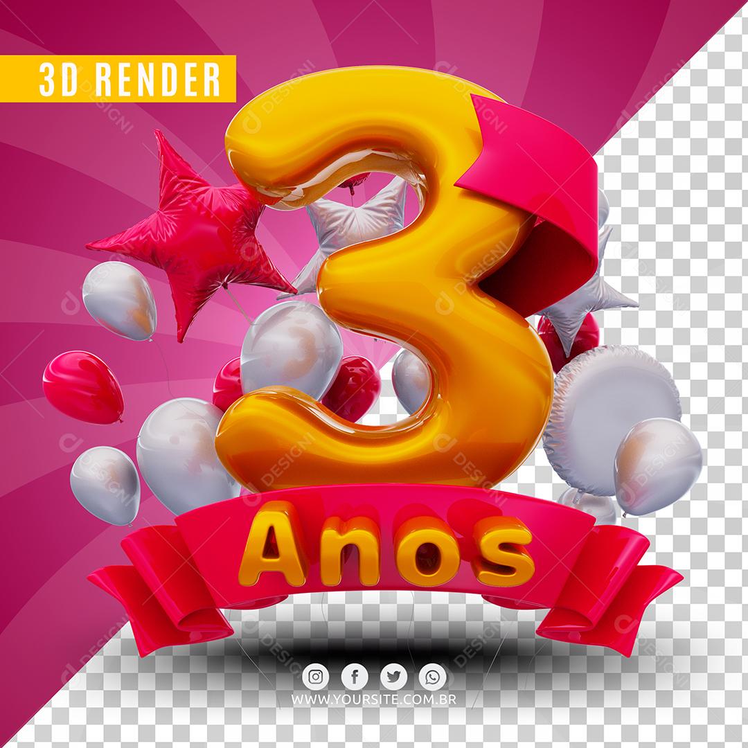 Número 3 Anos De Aniversário Rosa Selo 3D Para Composição PSD