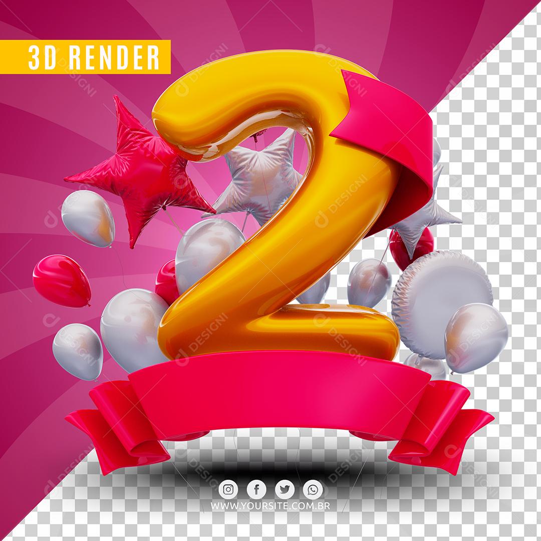Número 2 De Aniversário Rosa Selo 3D Para Composição PSD