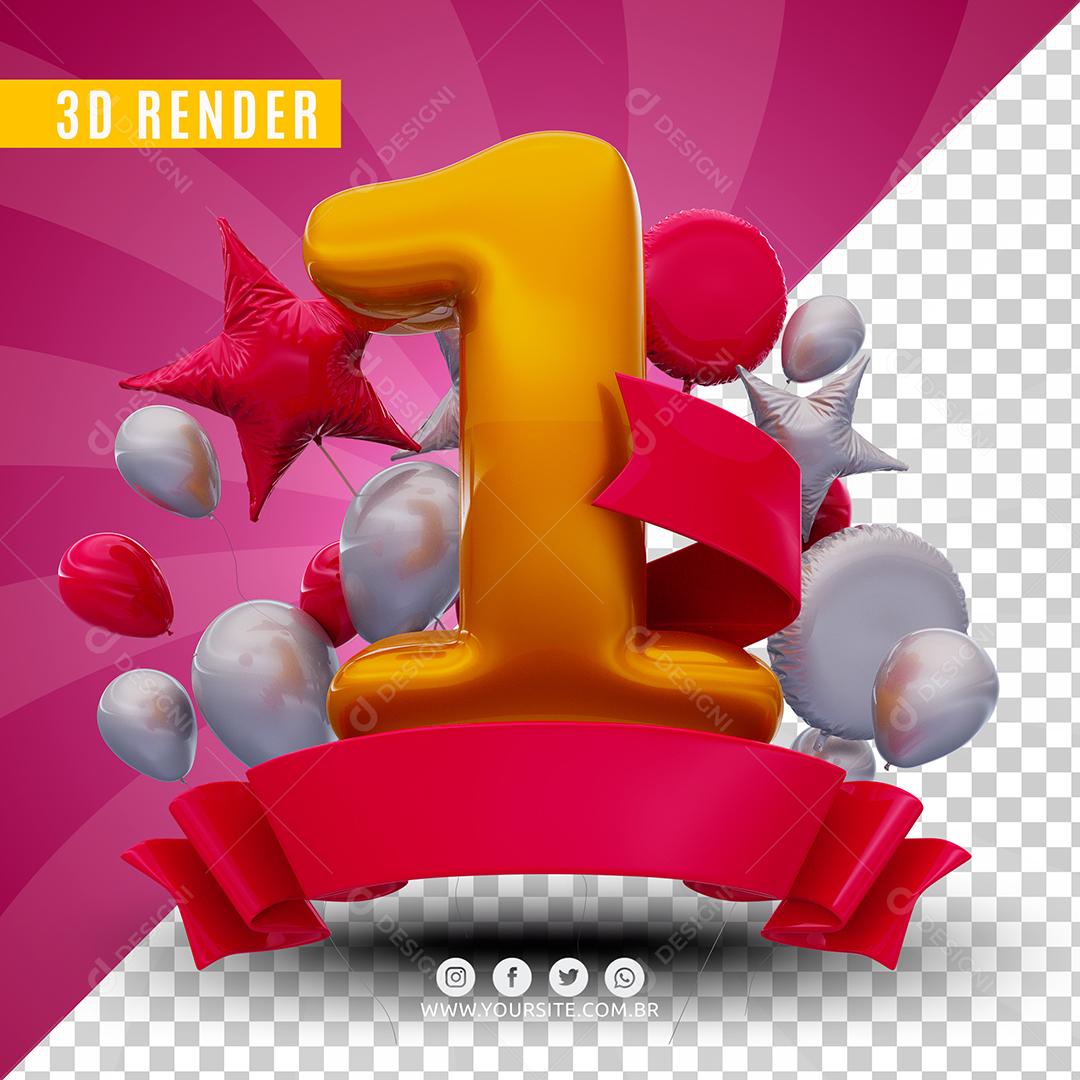 Número 1 De Aniversário Rosa Selo 3D Para Composição PSD