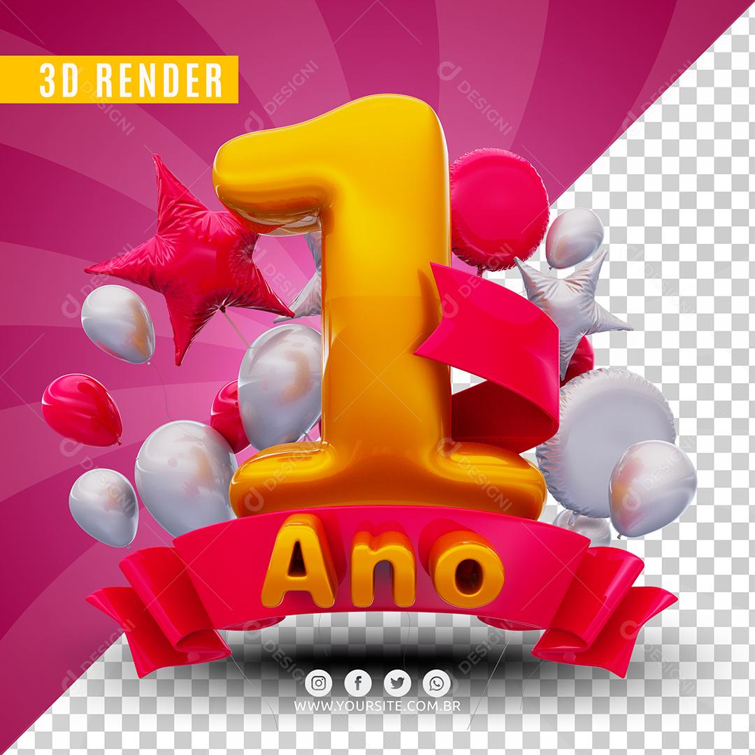 Número 1 Ano De Aniversário Rosa Selo 3D Para Composição PSD