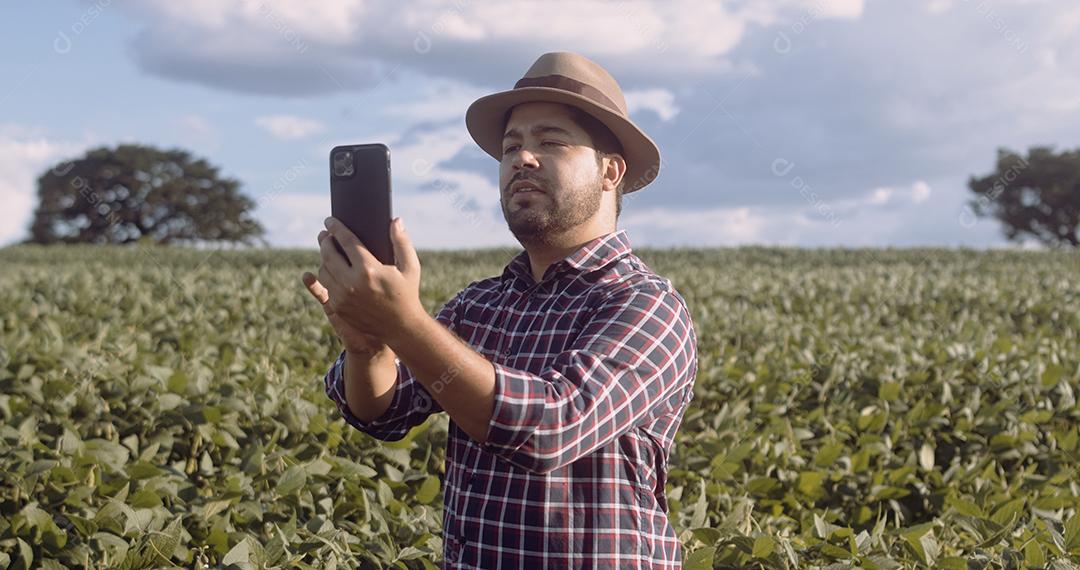 Fazendeiro tirando fotos da plantação de soja. Controle de qualidade