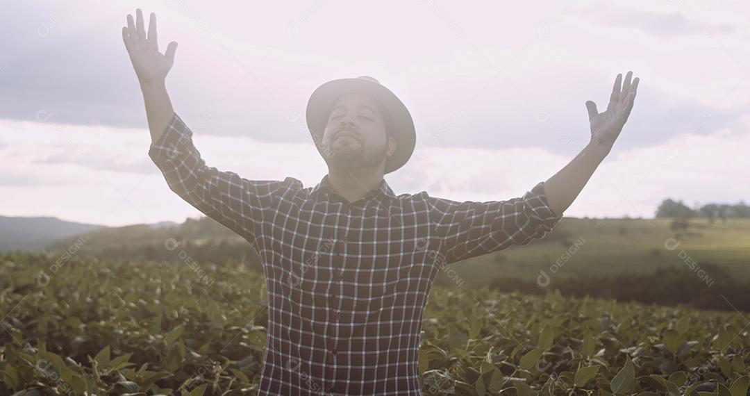Farmer thanking for harvest or rain. Soy plantation. Brazil