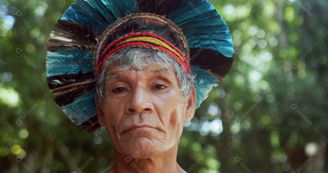 Índio da tribo Pataxó, com cocar de penas. Índio brasileiro idoso olhando para a câmera