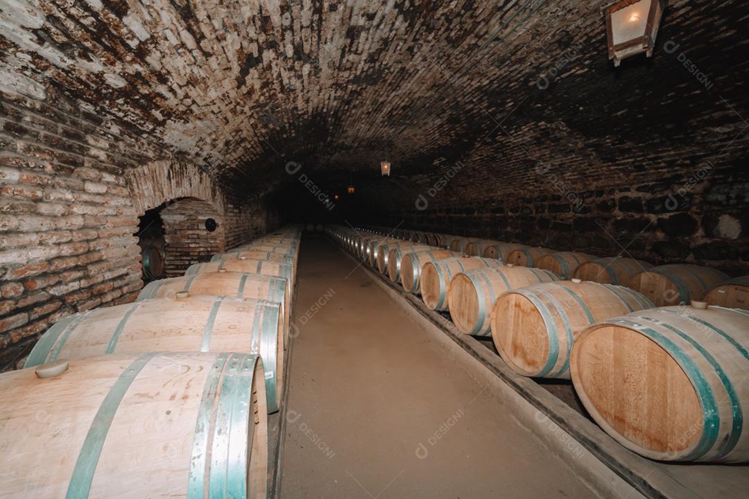 Antiga pousada com fileiras de barris de madeira de carvalho para envelhecimento lento de vinho fortificado de rubi, tawny ou cabernet sauvignon.