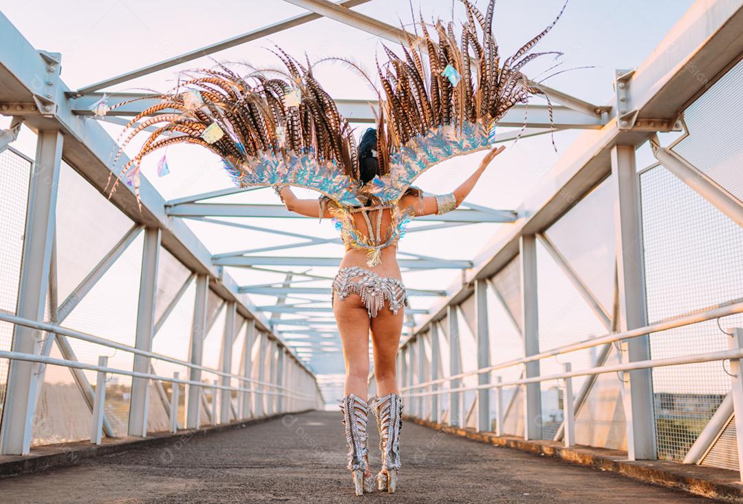 Linda mulher brasileira vestindo fantasia de carnaval colorida e sorrindo durante o desfile de rua de carnaval na cidade.