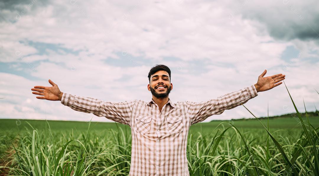 Jovem agricultor latino trabalhando na plantação de cana-de-açúcar. Agricultor brasileiro de braços abertos.