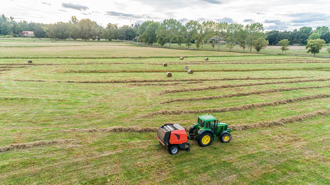 Trator fazendo grama seca enrolada em um rolo para alimentação animal.