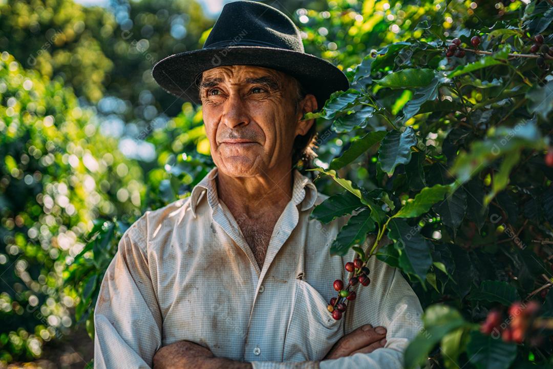 Homem latino colhendo grãos de café em um dia ensolarado. O agricultor de café está colhendo bagas de café. Brasil