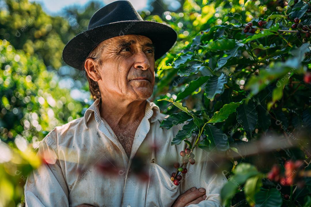 Homem latino colhendo grãos de café em um dia ensolarado. O agricultor de café está colhendo bagas de café. Brasil